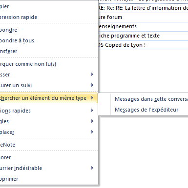Copie d'écran du menu obtenue par clic droit sur mail