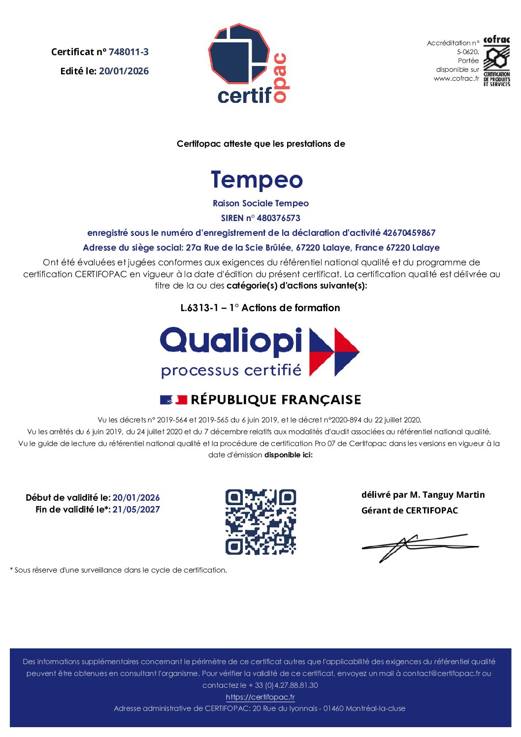 Certificat Qualiopi - Mise à jour le 20.01.2026